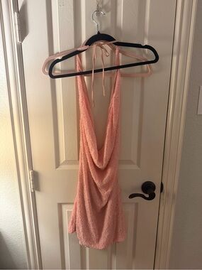 Peach Beaded Cowl Neck Halter Mini Dress